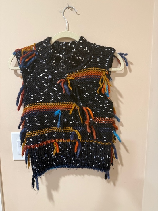 Sea New York Sweaters - Sea New York Black Knit Fringe Sweater Vest with Multicolor Stripes